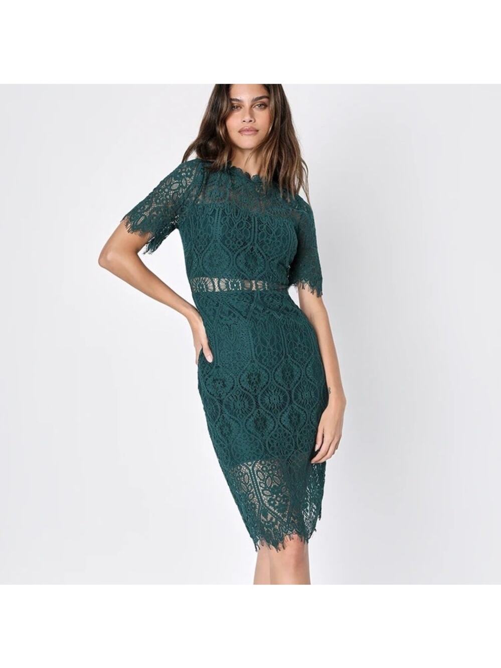 LULUS Remarkable Sheer Lace Short Sleeve Midi Dress Forest Green Medium M